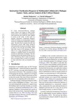 Instruction Clarification Requests in Multimodal Collaborative Dialogue
  Games: Tasks, and an Analysis of the CoDraw Dataset