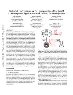 Not what you've signed up for: Compromising Real-World LLM-Integrated
  Applications with Indirect Prompt Injection