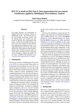 HULAT at SemEval-2023 Task 9: Data augmentation for pre-trained
  transformers applied to Multilingual Tweet Intimacy Analysis