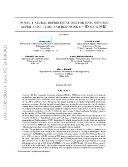 Implicit neural representations for unsupervised super-resolution and
  denoising of 4D flow MRI