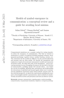 Models of symbol emergence in communication: a conceptual review and a
  guide for avoiding local minima