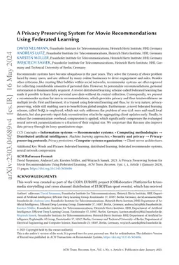 A Privacy Preserving System for Movie Recommendations Using Federated
  Learning