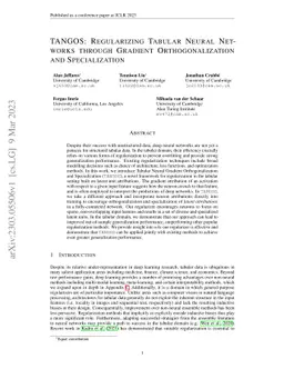 TANGOS: Regularizing Tabular Neural Networks through Gradient
  Orthogonalization and Specialization
