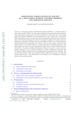 Variational formulations of ODE-Net as a mean-field optimal control
  problem and existence results