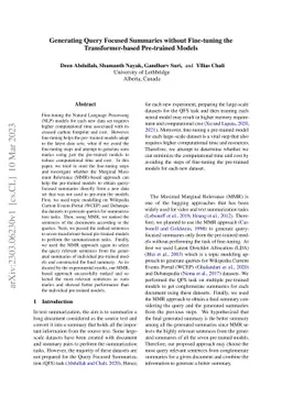 Generating Query Focused Summaries without Fine-tuning the
  Transformer-based Pre-trained Models