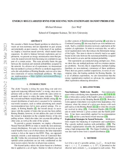 Energy Regularized RNNs for Solving Non-Stationary Bandit Problems