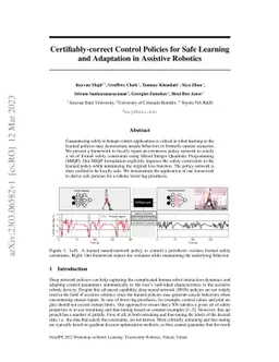 Certifiably-correct Control Policies for Safe Learning and Adaptation in
  Assistive Robotics