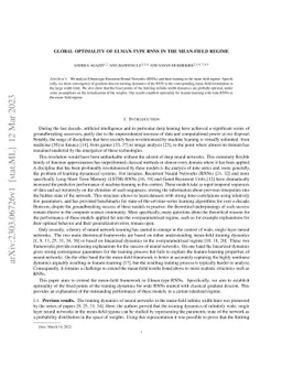 Global Optimality of Elman-type RNN in the Mean-Field Regime