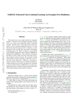 TARGET: Federated Class-Continual Learning via Exemplar-Free
  Distillation