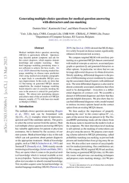 Generating multiple-choice questions for medical question answering with
  distractors and cue-masking