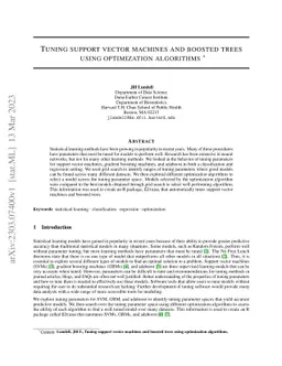 Tuning support vector machines and boosted trees using optimization
  algorithms