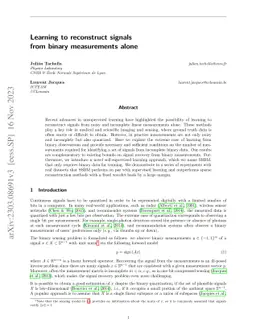 Learning to Reconstruct Signals From Binary Measurements