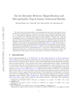 On the Interplay Between Misspecification and Sub-optimality Gap in
  Linear Contextual Bandits