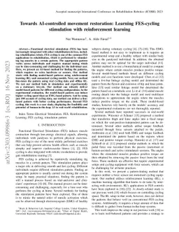 Towards AI-controlled FES-restoration of movements: Learning cycling
  stimulation pattern with reinforcement learning