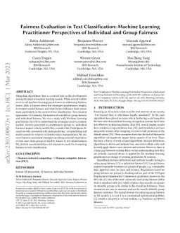 Fairness Evaluation in Text Classification: Machine Learning
  Practitioner Perspectives of Individual and Group Fairness