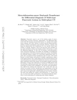 Meta-information-aware Dual-path Transformer for Differential Diagnosis
  of Multi-type Pancreatic Lesions in Multi-phase CT