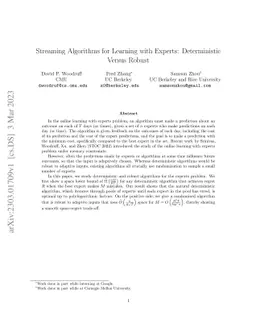 Streaming Algorithms for Learning with Experts: Deterministic Versus
  Robust