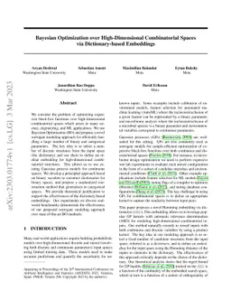 Bayesian Optimization over High-Dimensional Combinatorial Spaces via
  Dictionary-based Embeddings