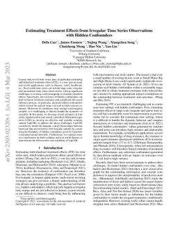 Estimating Treatment Effects from Irregular Time Series Observations
  with Hidden Confounders