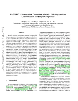PRECISION: Decentralized Constrained Min-Max Learning with Low
  Communication and Sample Complexities