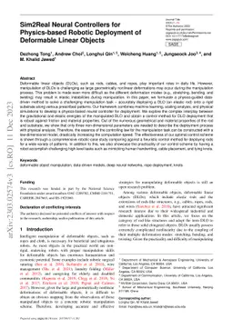 Sim2Real Neural Controllers for Physics-based Robotic Deployment of
  Deformable Linear Objects