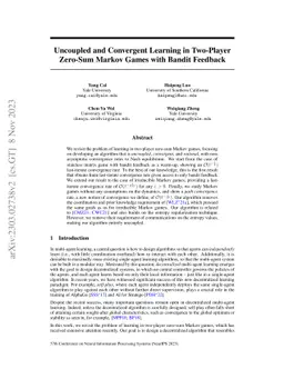 Uncoupled and Convergent Learning in Two-Player Zero-Sum Markov Games
  with Bandit Feedback