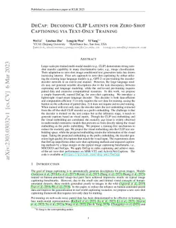 DeCap: Decoding CLIP Latents for Zero-Shot Captioning via Text-Only
  Training