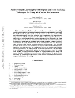 Reinforcement Learning Based Self-play and State Stacking Techniques for
  Noisy Air Combat Environment