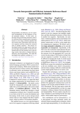 Towards Interpretable and Efficient Automatic Reference-Based
  Summarization Evaluation