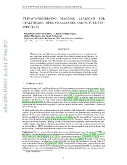 Privacy-preserving machine learning for healthcare: open challenges and
  future perspectives