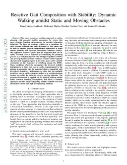 Reactive Gait Composition with Stability: Dynamic Walking amidst Static
  and Moving Obstacles