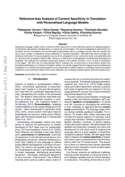 Reference-less Analysis of Context Specificity in Translation with
  Personalised Language Models