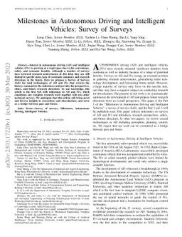 Milestones in Autonomous Driving and Intelligent Vehicles: Survey of
  Surveys