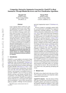 Comparing Abstractive Summaries Generated by ChatGPT to Real Summaries
  Through Blinded Reviewers and Text Classification Algorithms