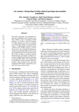 $\varepsilon$ KÚ <MASK>: Integrating Yorùbá cultural greetings
  into machine translation