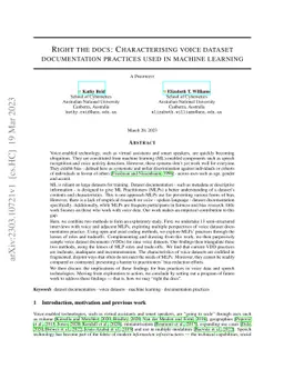 Right the docs: Characterising voice dataset documentation practices
  used in machine learning