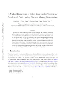 A Unified Framework of Policy Learning for Contextual Bandit with
  Confounding Bias and Missing Observations