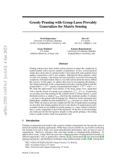 Greedy Pruning with Group Lasso Provably Generalizes for Matrix Sensing
