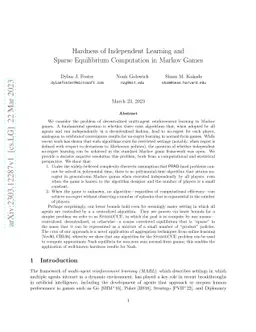 Hardness of Independent Learning and Sparse Equilibrium Computation in
  Markov Games