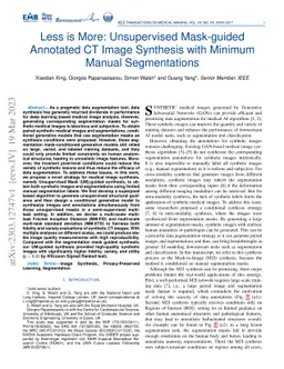 Less is More: Unsupervised Mask-guided Annotated CT Image Synthesis with
  Minimum Manual Segmentations