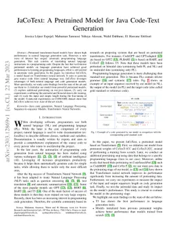 JaCoText: A Pretrained Model for Java Code-Text Generation