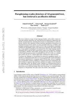 Paraphrasing evades detectors of AI-generated text, but retrieval is an
  effective defense