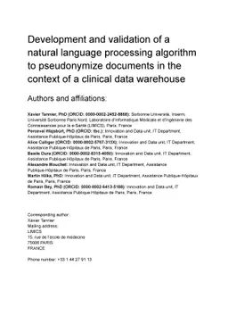 Development and validation of a natural language processing algorithm to
  pseudonymize documents in the context of a clinical data warehouse