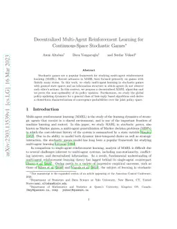 Decentralized Multi-Agent Reinforcement Learning for Continuous-Space
  Stochastic Games