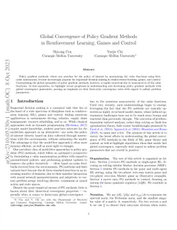 Global Convergence of Policy Gradient Methods in Reinforcement Learning,
  Games and Control