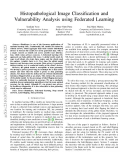 Histopathological Image Classification and Vulnerability Analysis using
  Federated Learning