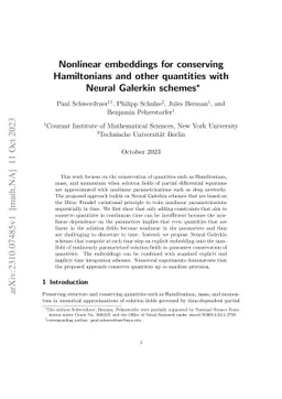 Nonlinear embeddings for conserving Hamiltonians and other quantities
  with Neural Galerkin schemes