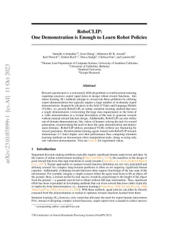 RoboCLIP: One Demonstration is Enough to Learn Robot Policies