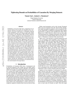 Tightening Bounds on Probabilities of Causation By Merging Datasets