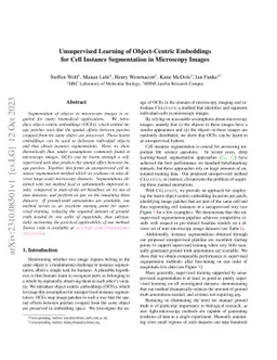 Unsupervised Learning of Object-Centric Embeddings for Cell Instance
  Segmentation in Microscopy Images